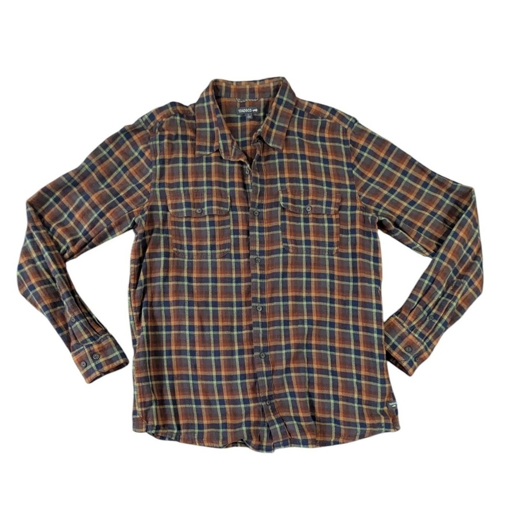 Toad&Co Mens Large Plaid Flannel Shirt Brown Navy Blue Green Long Sleeve‎ Cotton